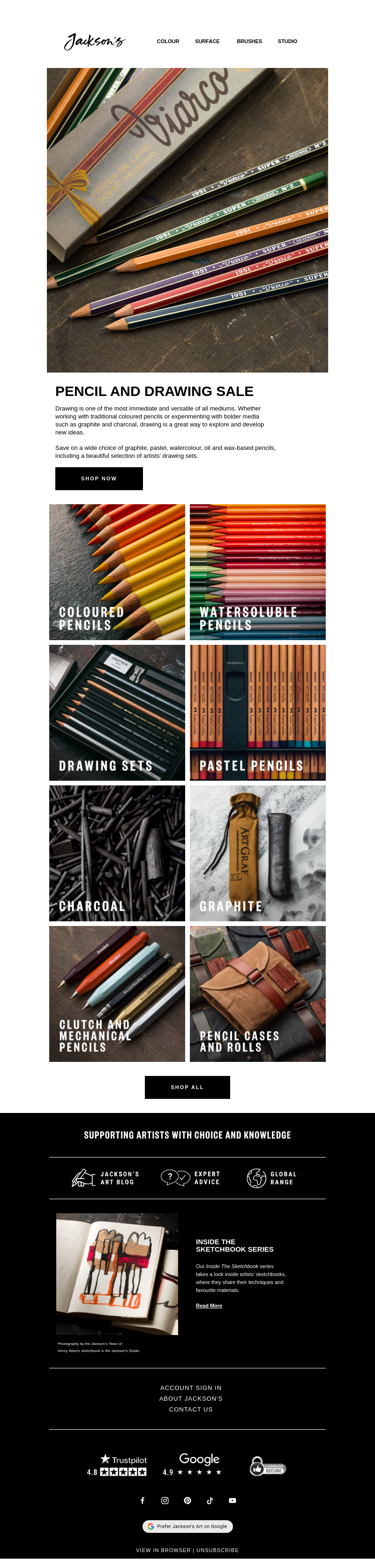 Письмо компании «Jackson's Art - In the Studio» на тему «Pencil and Drawing Sale»