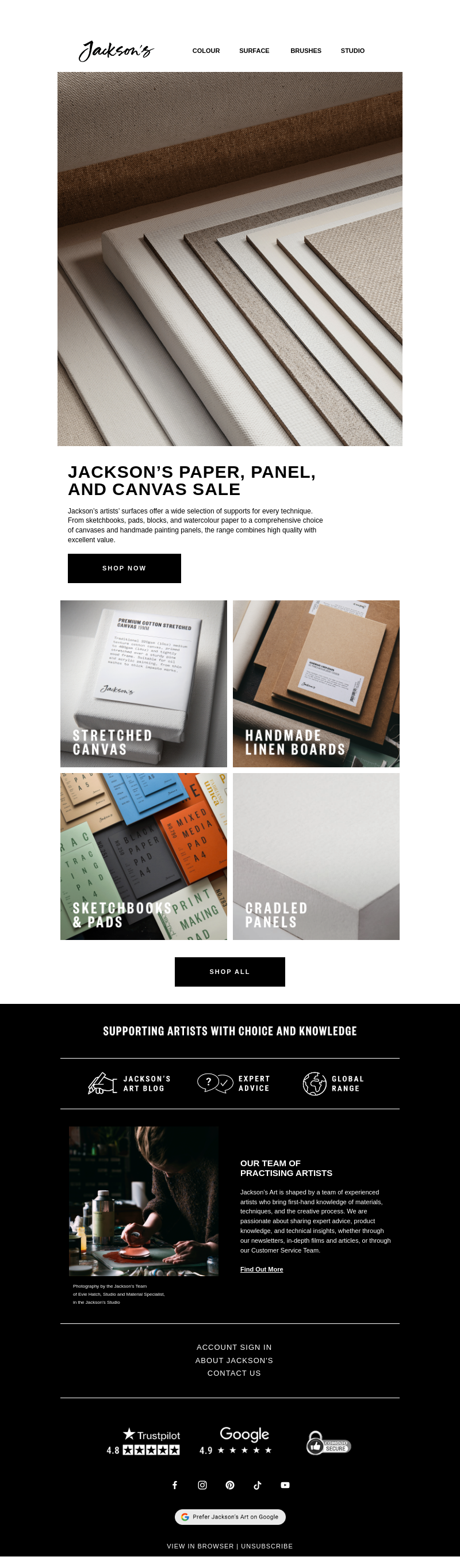 Письмо компании «Jackson's Art - In the Studio» на тему «Jackson's Paper, Panel, and Canvas Sale»