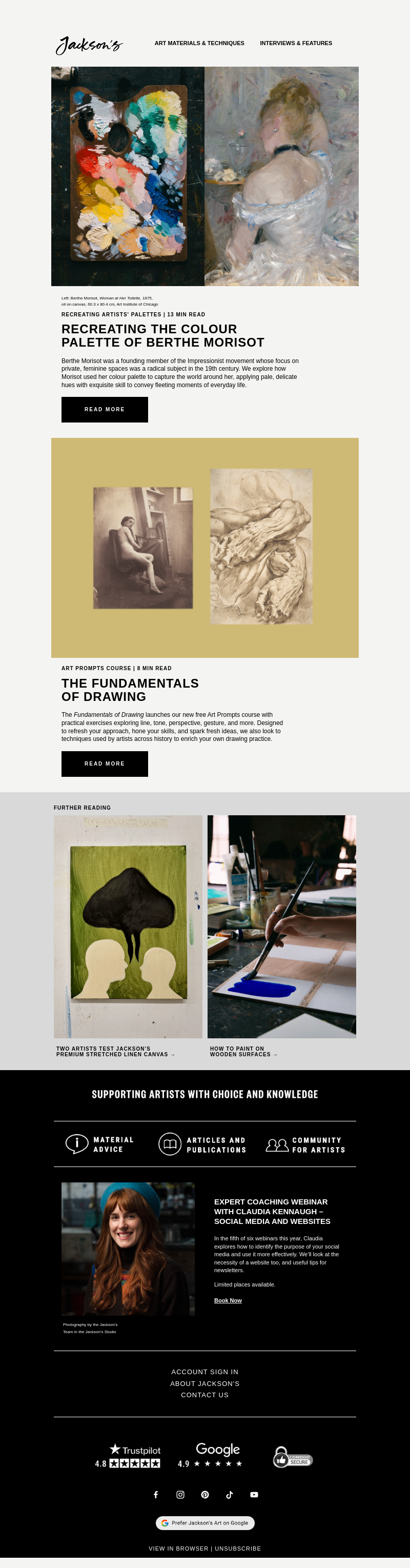 Письмо компании «Jackson's Art - In the Studio» на тему «Recreating the Colour Palette of Berthe Morisot»