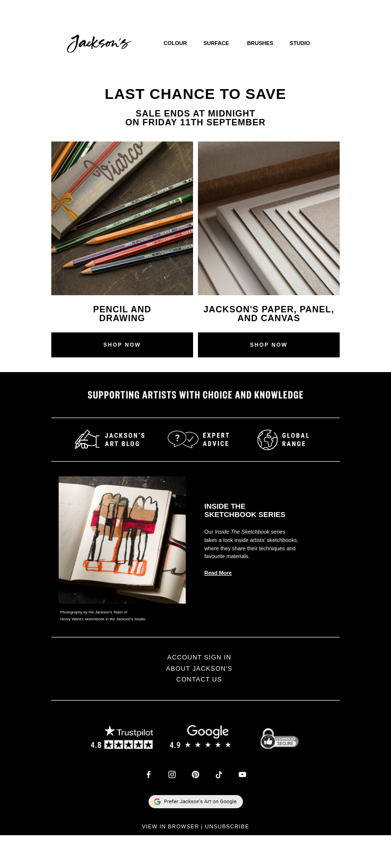 Письмо компании «Jackson's Art - In the Studio» на тему «Last Chance to Save on Pencil and Drawing, and Jackson's Paper,
 Panel, and Canvas»