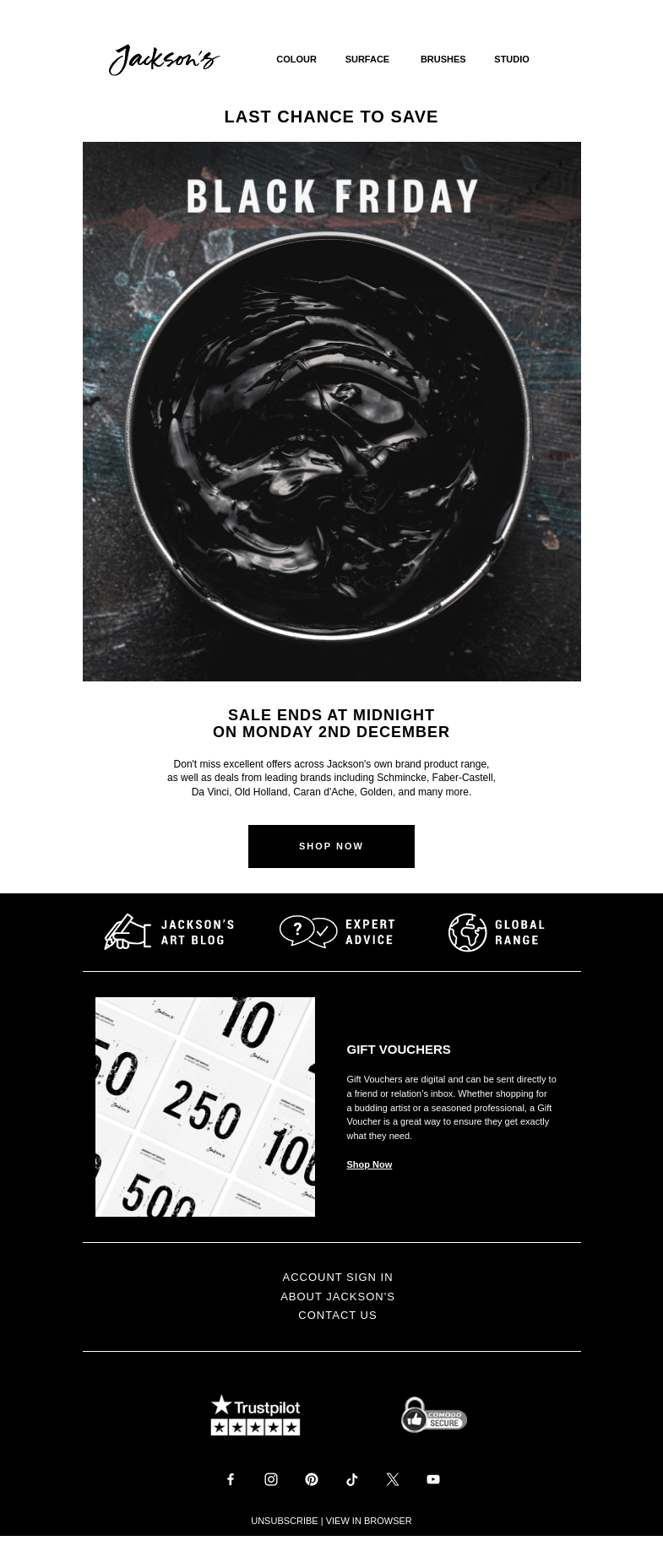 Письмо компании «Jackson's Art - In the Studio» на тему «Black Friday Sale Ends Soon»