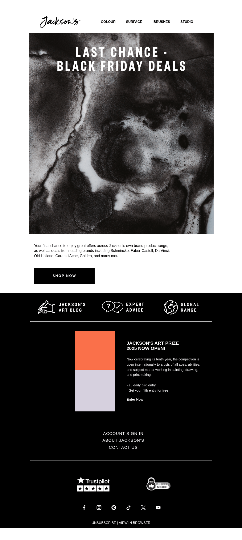 Письмо компании «Jackson's Art - In the Studio» на тему «Black Friday Sale Ends at Midnight»