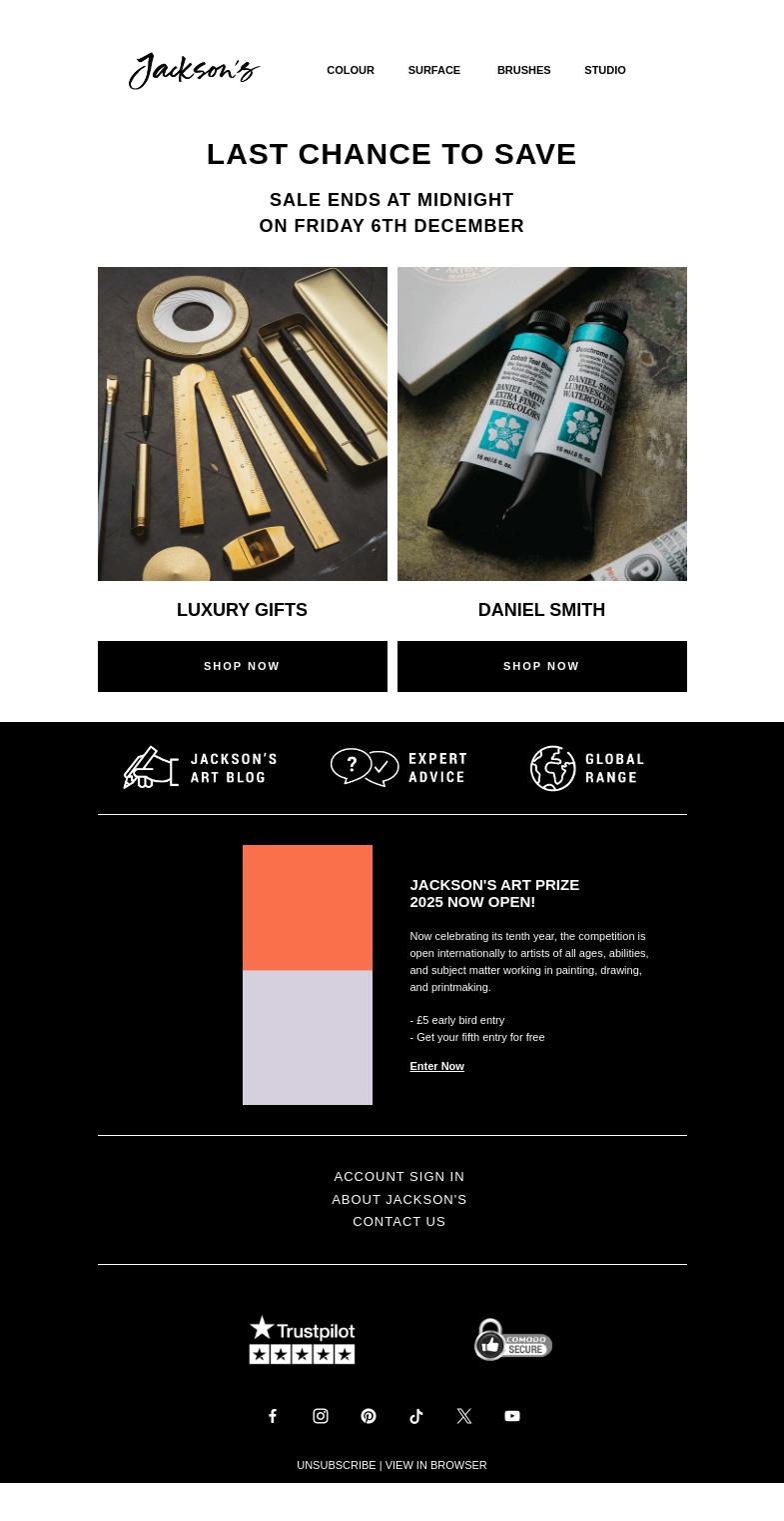 Письмо компании «Jackson's Art - In the Studio» на тему «Last Chance to Save on Luxury Gifts and Daniel Smith Watercolours»