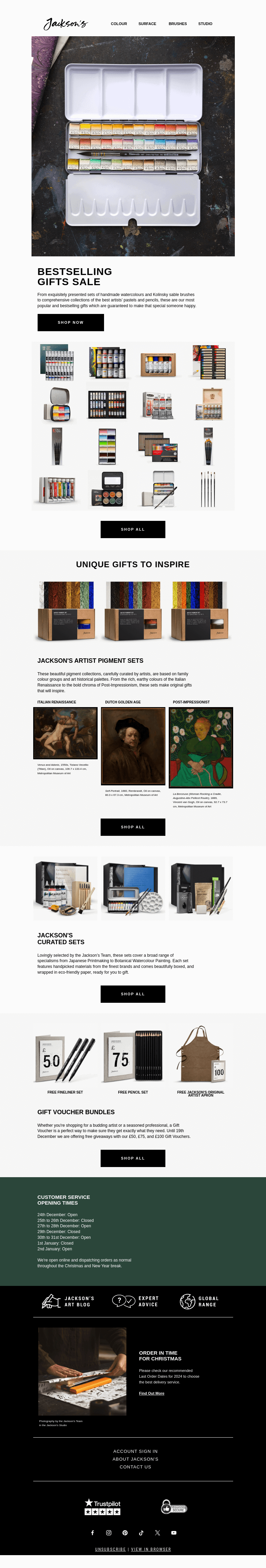 Письмо компании «Jackson's Art - In the Studio» на тему «Bestselling Gifts»