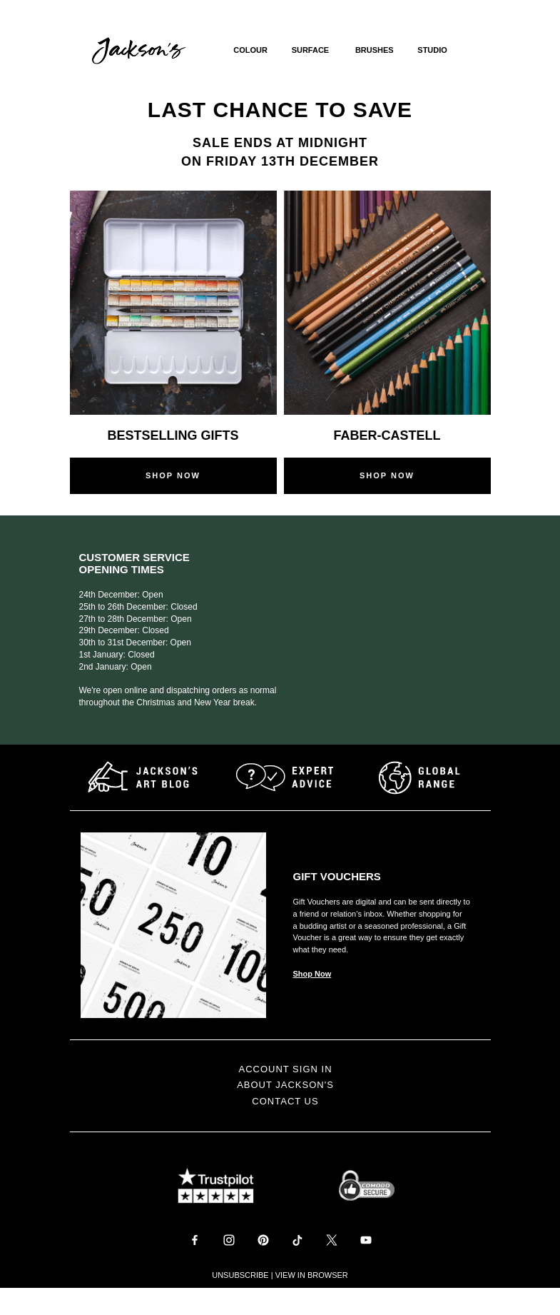 Письмо компании «Jackson's Art - In the Studio» на тему «Last Chance to Save on Bestselling Gifts and Faber-Castell»