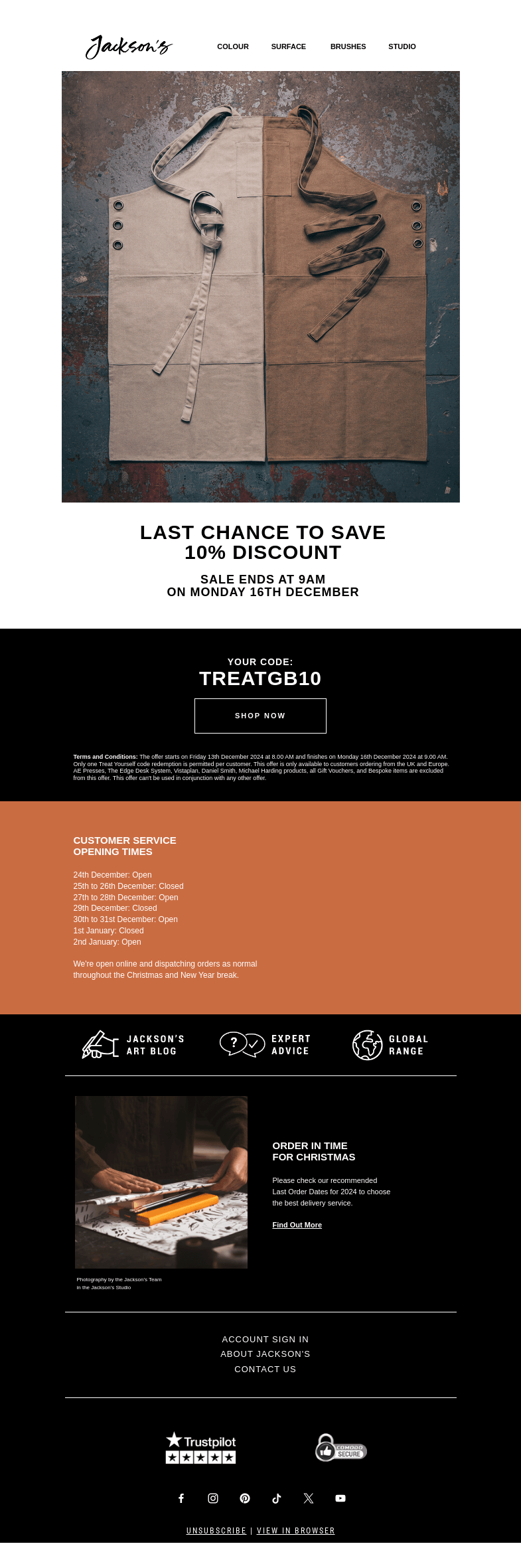Письмо компании «Jackson's Art - In the Studio» на тему «Treat Yourself - 10% Discount Across the Ranges»