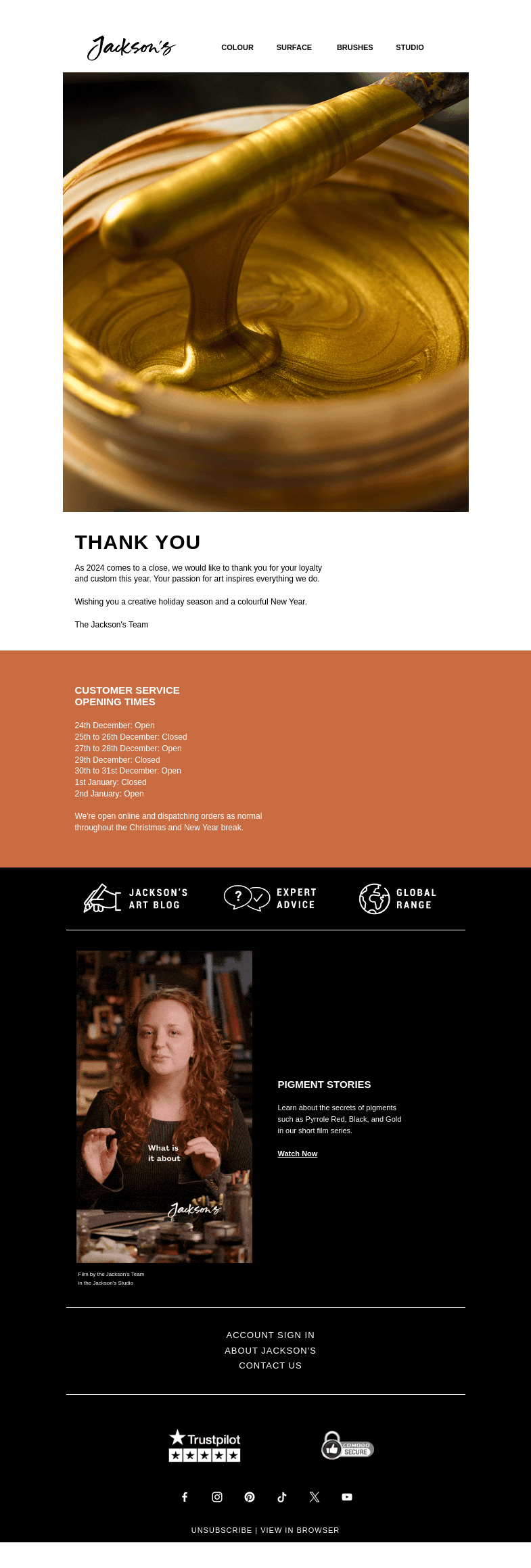 Письмо компании «Jackson's Art - In the Studio» на тему «Thank You»