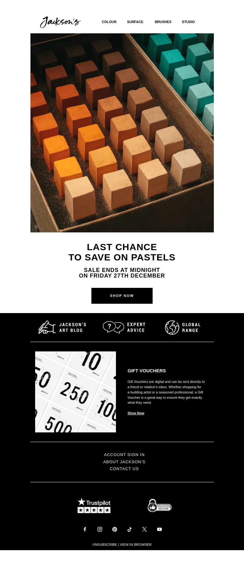 Письмо компании «Jackson's Art - In the Studio» на тему «Pastel Sale Ends Soon»
