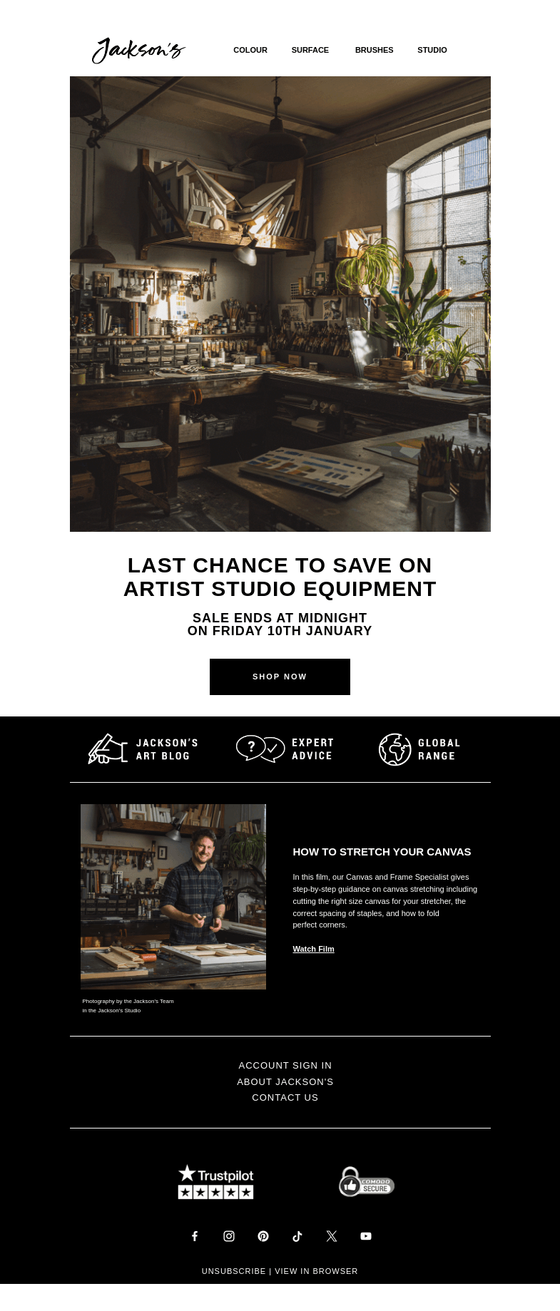 Письмо компании «Jackson's Art - In the Studio» на тему «Artist Studio Sale Ends Soon»