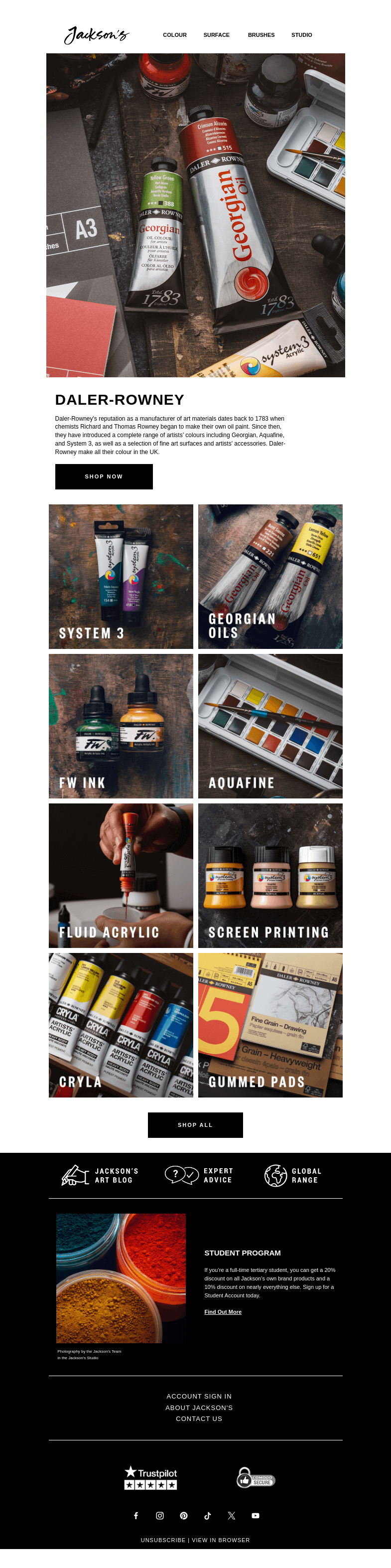 Письмо компании «Jackson's Art - In the Studio» на тему «Daler-Rowney Sale»
