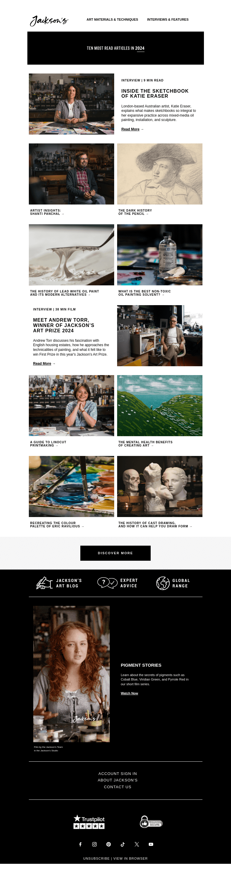 Письмо компании «Jackson's Art - In the Studio» на тему «Ten Most Read Articles in 2024»