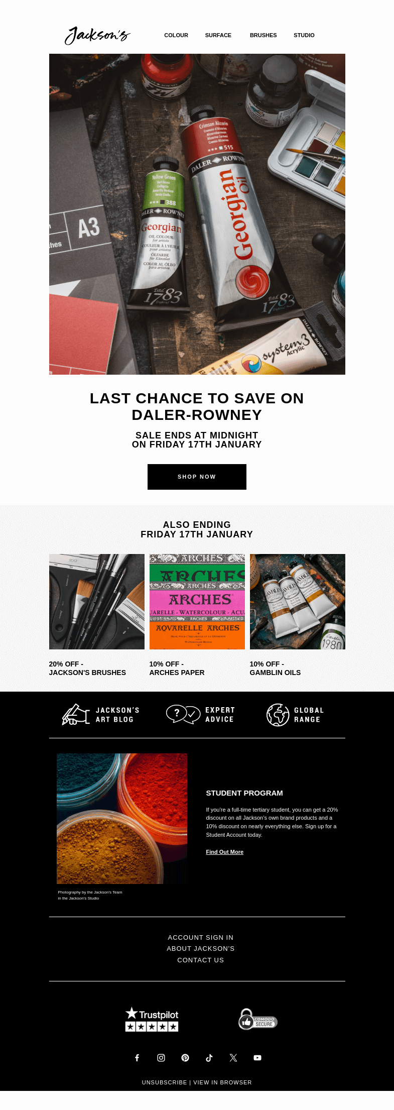Письмо компании «Jackson's Art - In the Studio» на тему «Last Chance to Save on Daler-Rowney»