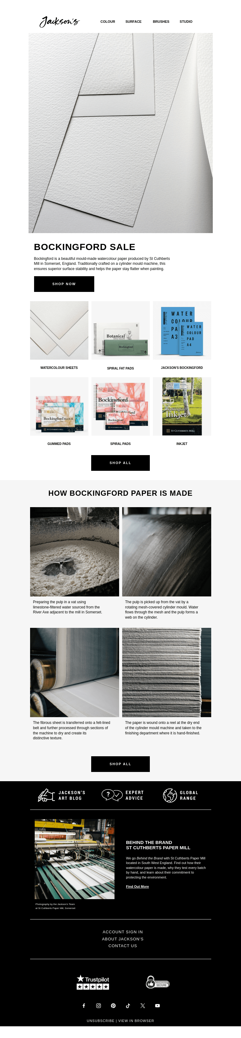 Письмо компании «Jackson's Art - In the Studio» на тему «Bockingford Watercolour Paper Sale»