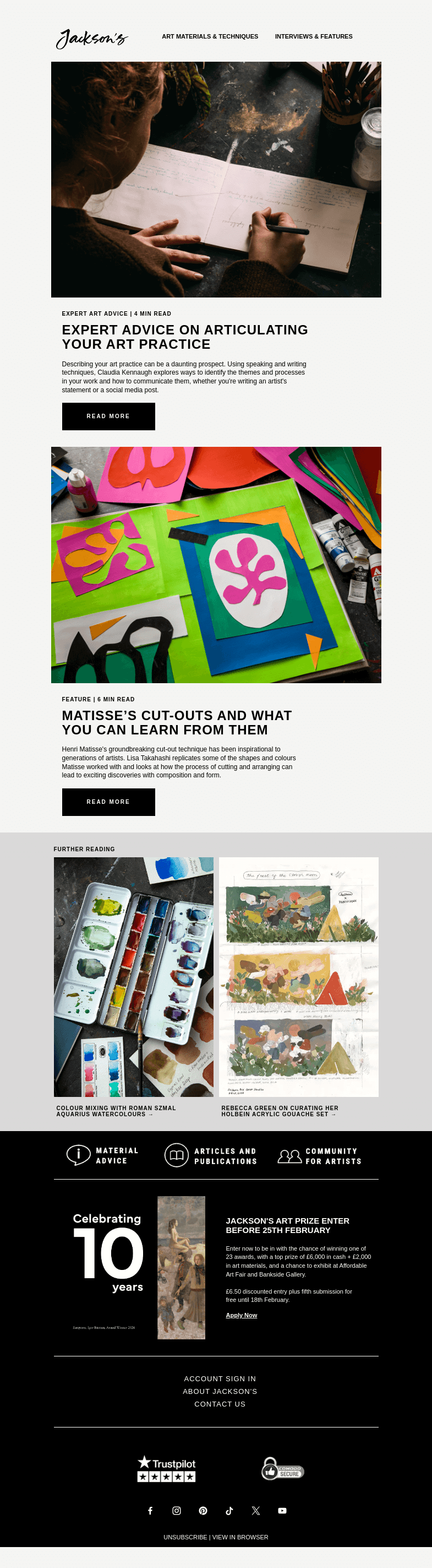 Письмо компании «Jackson's Art - In the Studio» на тему «Expert Art Advice: Articulating Your Art Practice»