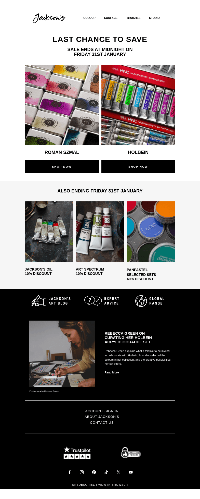 Письмо компании «Jackson's Art - In the Studio» на тему «Last Chance to Save on Roman Szmal and Holbein»