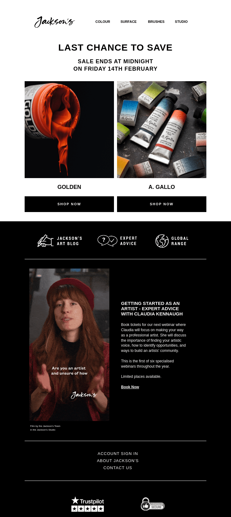 Письмо компании «Jackson's Art - In the Studio» на тему «Last Chance to Save on Golden and A. Gallo»
