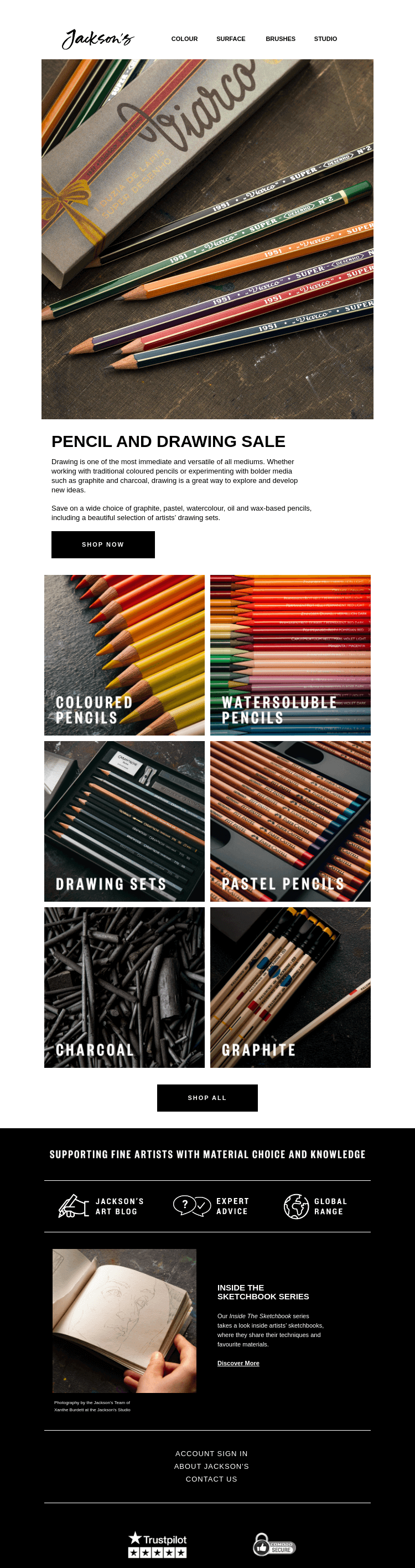 Письмо компании «Jackson's Art - In the Studio» на тему «Pencil and Drawing Sale»