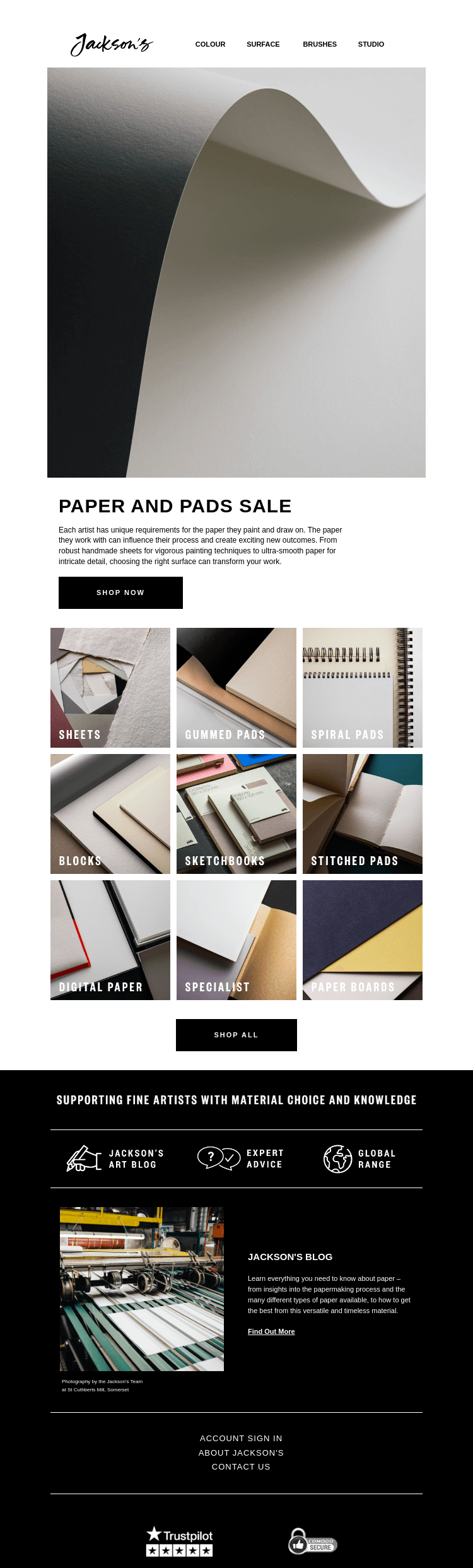 Письмо компании «Jackson's Art - In the Studio» на тему «Paper and Pads Sale»