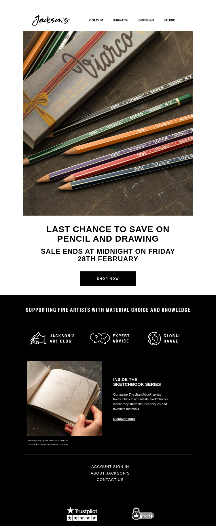 Письмо компании «Jackson's Art - In the Studio» на тему «Last Chance to Save on Pencil and Drawing»