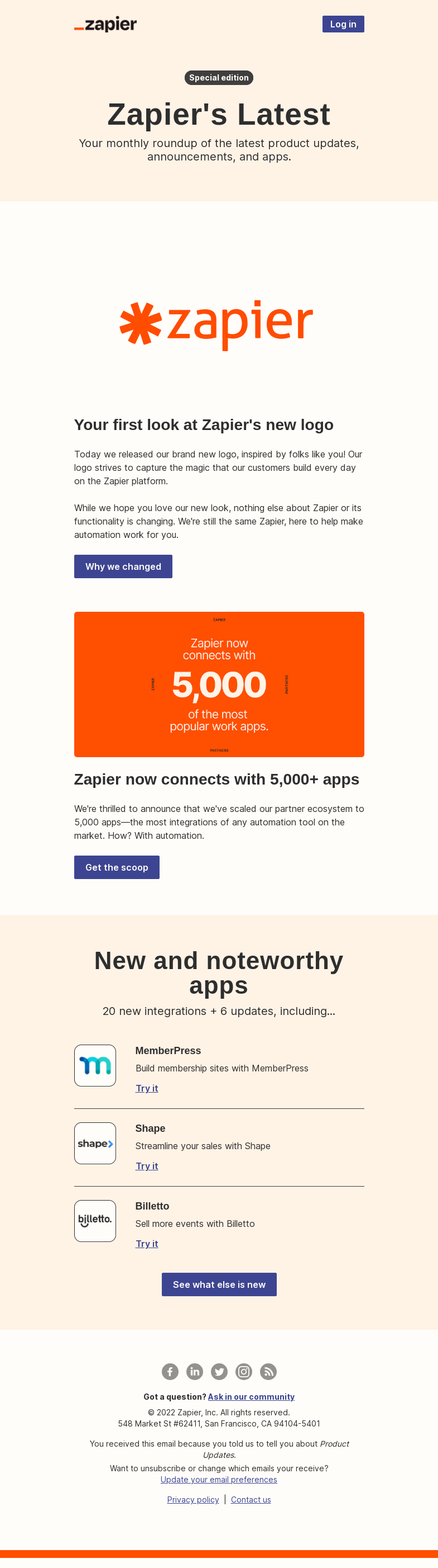 Письмо компании «Zapier» на тему «Announcing Zapier's new logo, 20 new integrations, and 6 updates»