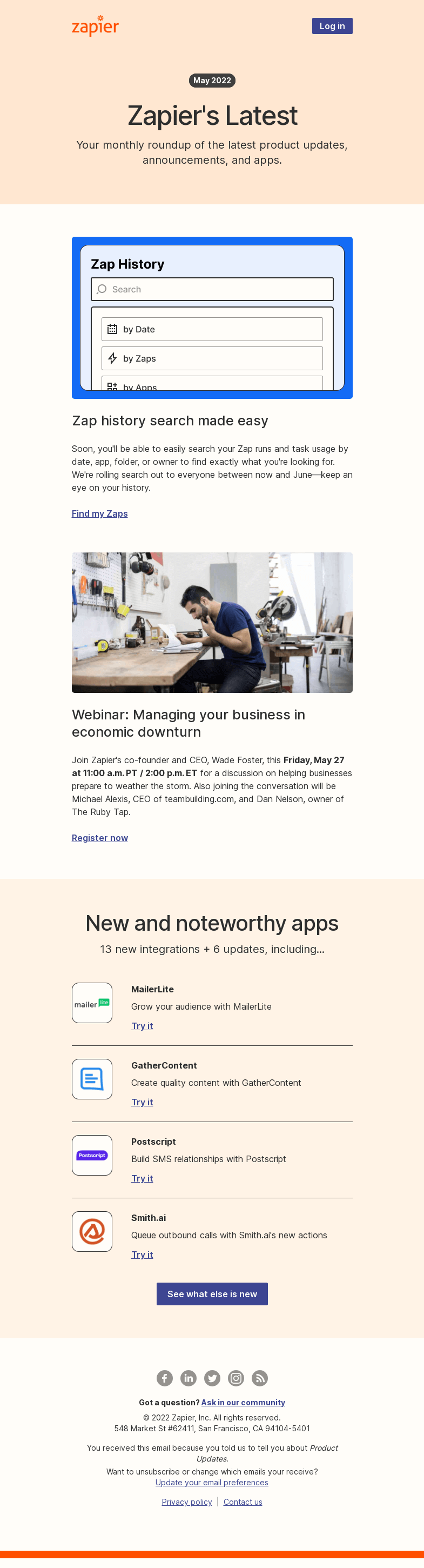 Письмо компании «Zapier» на тему «Latest in May: Zap history search made easy, 13 new apps, and 6 updates»