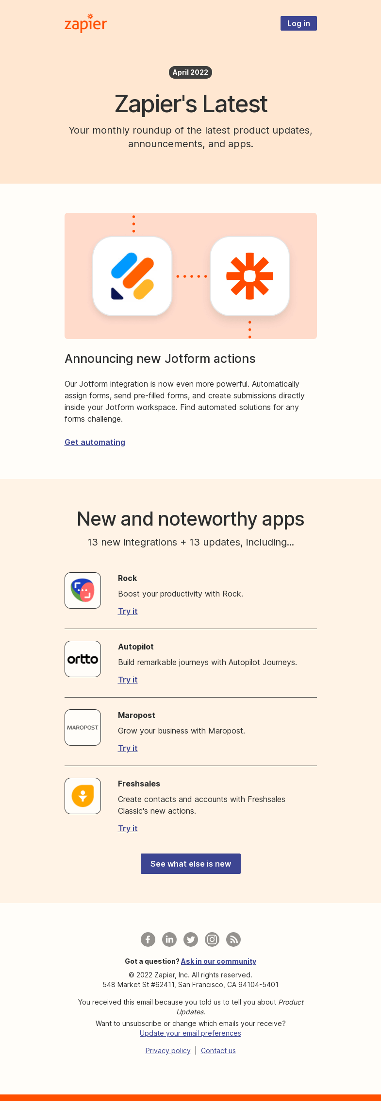 Письмо компании «Zapier» на тему «Latest in April: Announcing Jotform's new toolbelt, 13 new apps, and 13 updates»