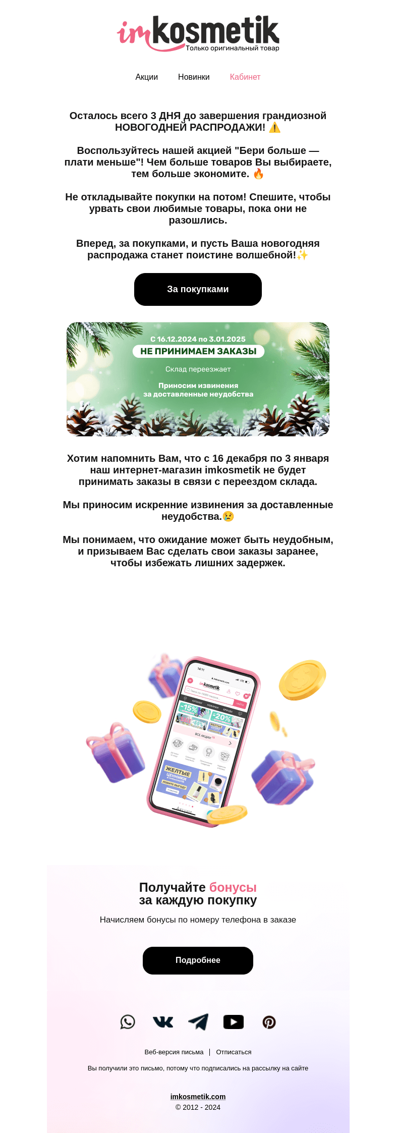 Письмо компании «imkosmetik» на тему «ФИНАЛ новогодней распродажи⚠️»