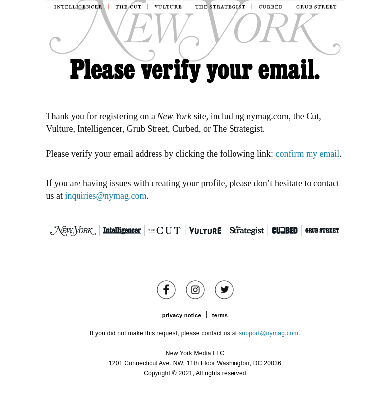 Письмо компании «New York Magazine» на тему «Verify your email.»