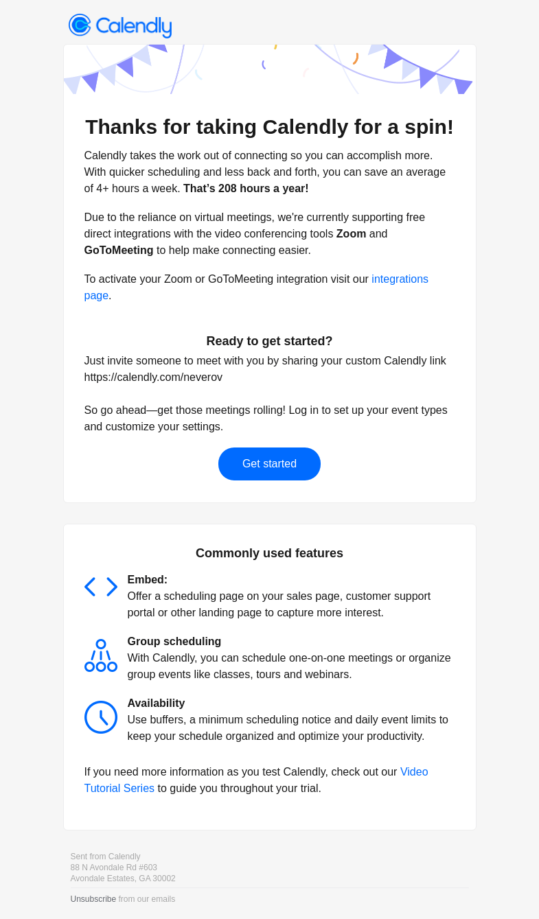 Письмо компании «Calendly» на тему «Welcome to Calendly!»