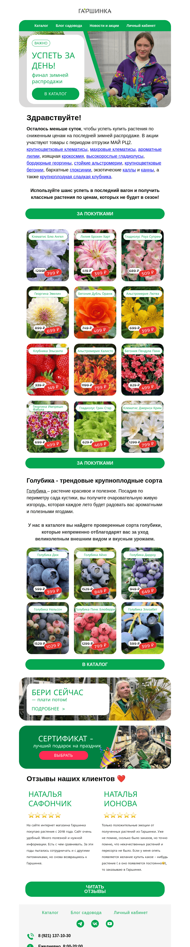 Письмо компании «Гаршинка.ру» на тему «Последний день ⚠️ зимней распродажи растений 🌷🌱🌲»