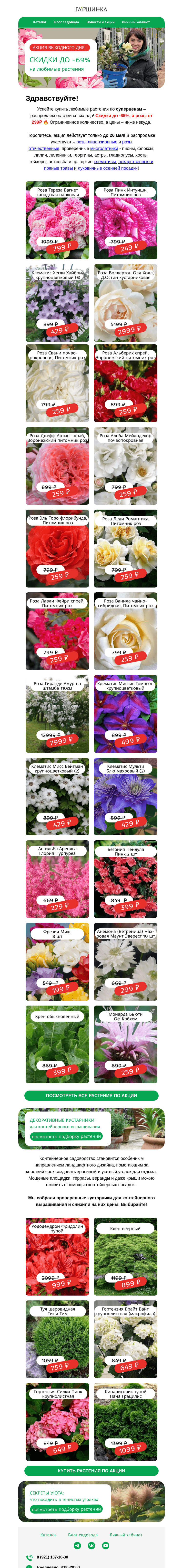 Письмо компании «Гаршинка.ру» на тему «РАСПРООДАЖА ОСТАТКОВ 👉 Скидки до -69%! 🌹🌳🌷»