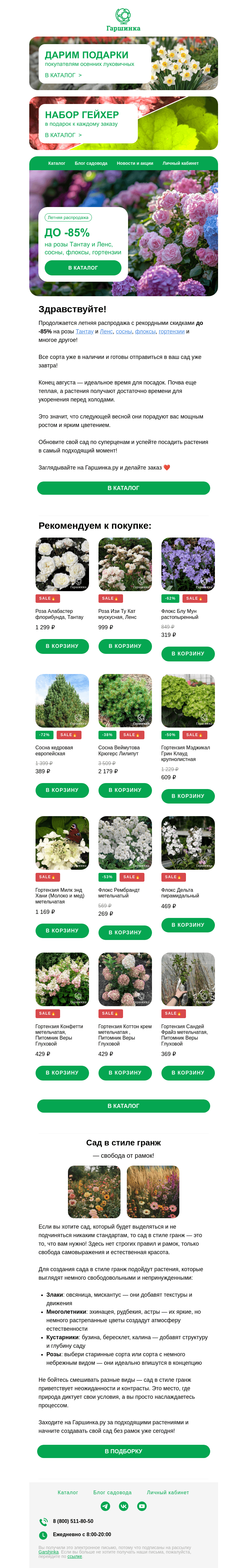 Письмо компании «Гаршинка.ру» на тему «🌹 До -85% на розы Тантау и Ленс, сосны, флоксы, гортензии и др.»