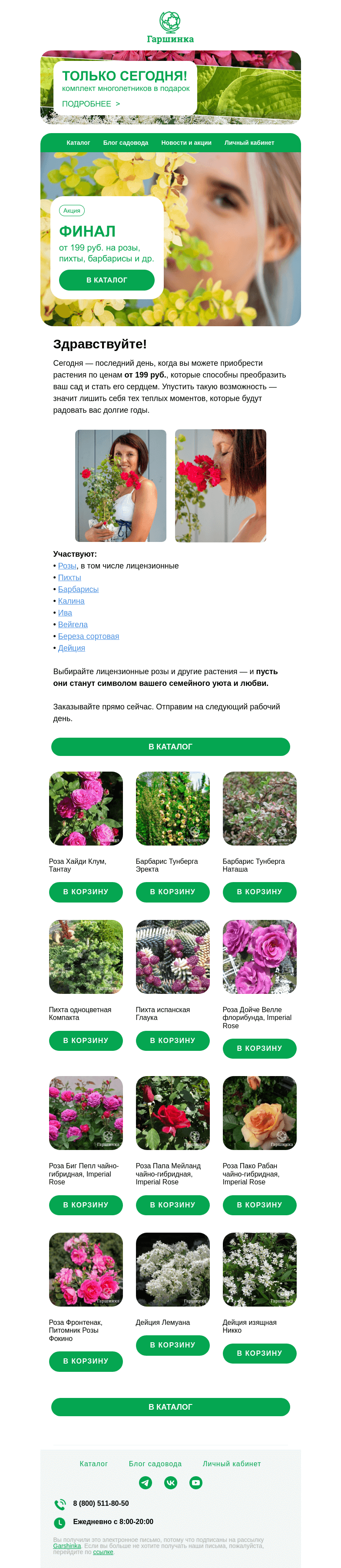 Письмо компании «Гаршинка.ру» на тему «🚨 Финальный день распродажи! Барбарисы, розы, пихты от 199 руб.»