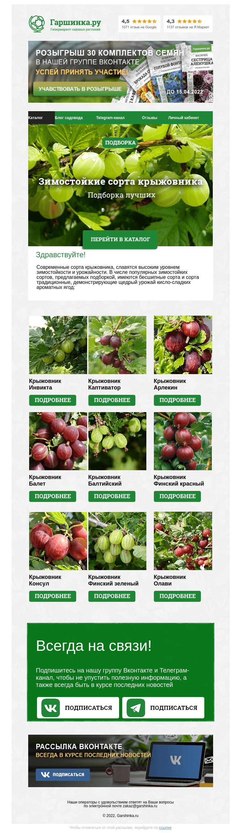 Письмо компании «Гаршинка.ру» на тему «🍈 Крыжовник: лучшие зимостойкие сорта»