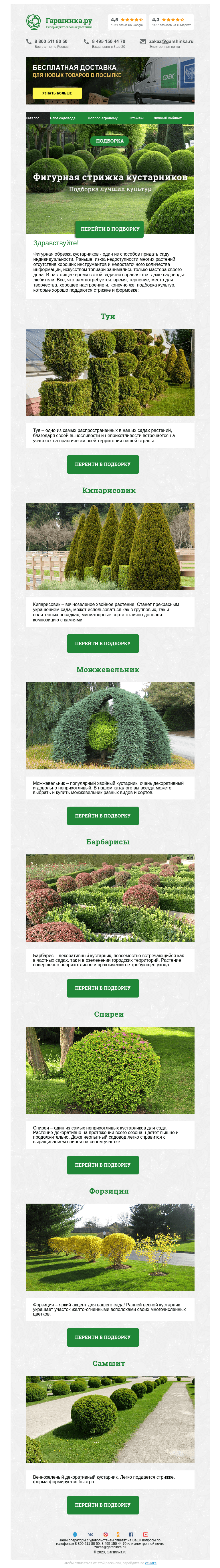 Письмо компании «Гаршинка.ру» на тему «🌳🌳🌳 Кустарники для фигурной стрижки»