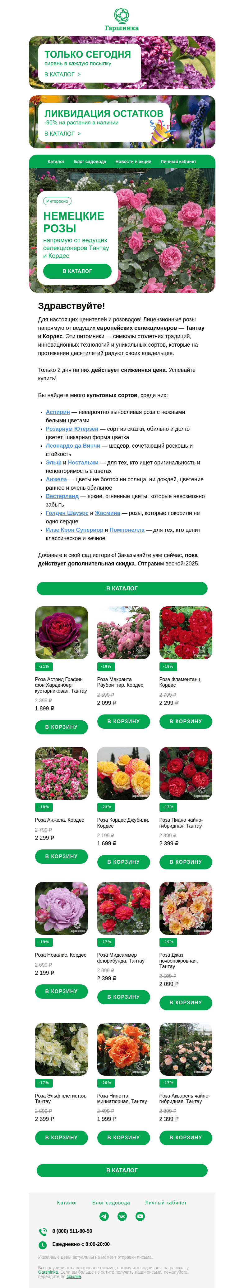 Письмо компании «Гаршинка.ру» на тему «🌹💪 Немцы сдались! Лицензионные розы Тантау и Кордес у нас! А на 48 часов — дополнительная скидка!»