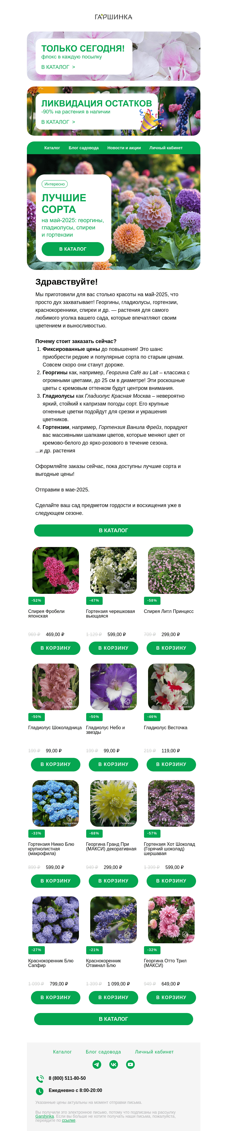 Письмо компании «Гаршинка.ру» на тему «🌸 Лучшие сорта на май-2025: георгины, гладиолусы, ирисы и гортензии»