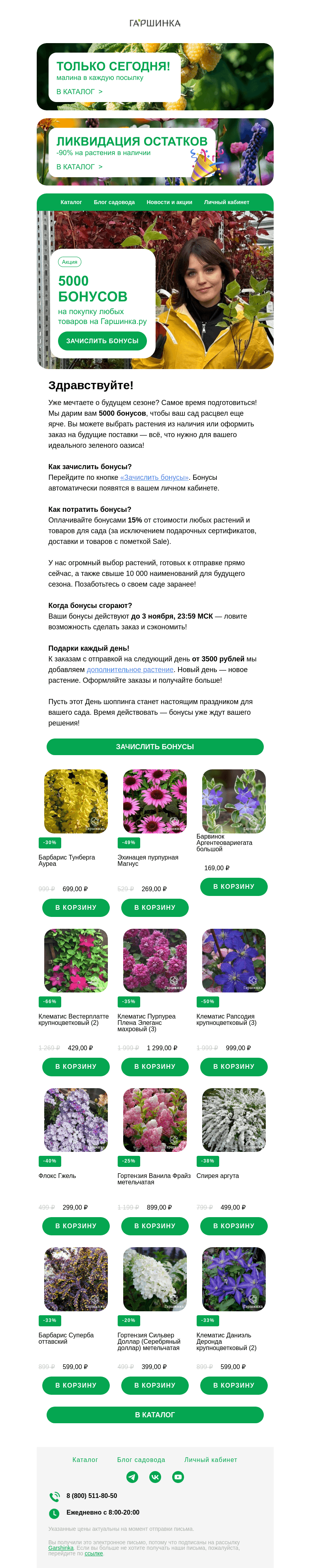 Письмо компании «Гаршинка.ру» на тему «🌿💚  Дарим 5000 бонусов на День шоппинга!»