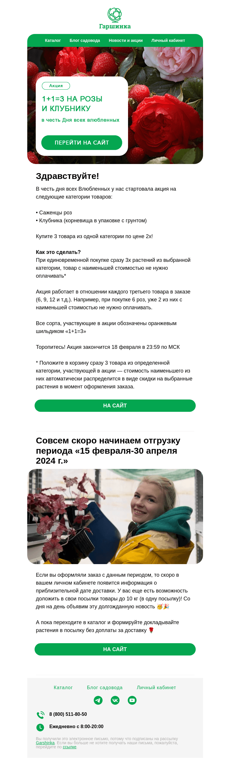 Письмо компании «Гаршинка.ру» на тему «❤️1+1=3 на розы и клубнику в честь Дня влюбленных!»