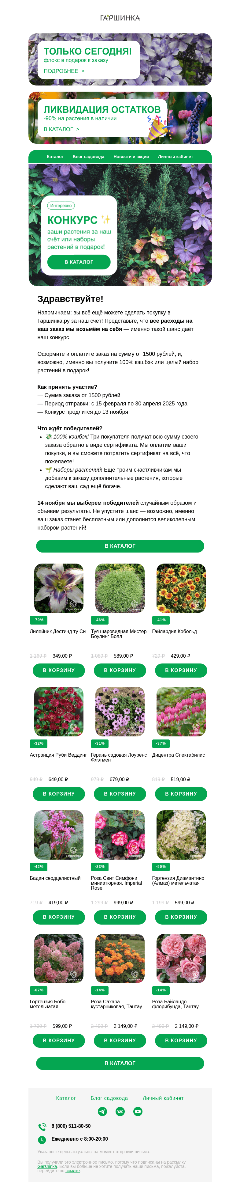 Письмо компании «Гаршинка.ру» на тему «🎁🌱 Растения за наш счет! Или наборы растений в подарок! Успейте до 13 ноября!»