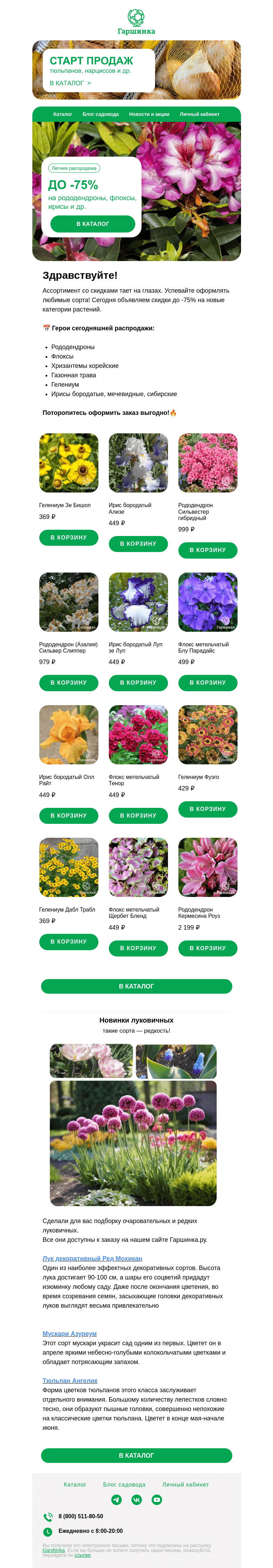 Письмо компании «Гаршинка.ру» на тему «🌸 До -75% на рододендроны, флоксы, ирисы и др. Торопитесь!»