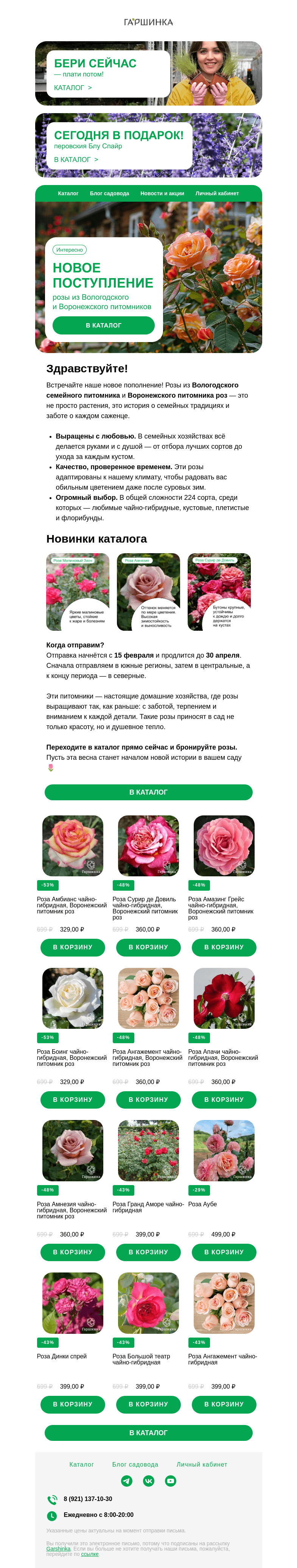 Письмо компании «Гаршинка.ру» на тему «🌹 Новое поступление роз из Вологодского и Воронежского питомников!»