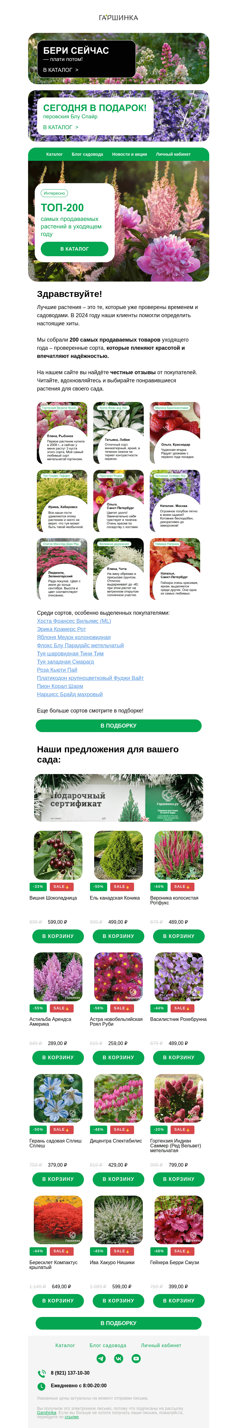 Письмо компании «Гаршинка.ру» на тему «ТОП-200 самых продаваемых растений за 2024 год»