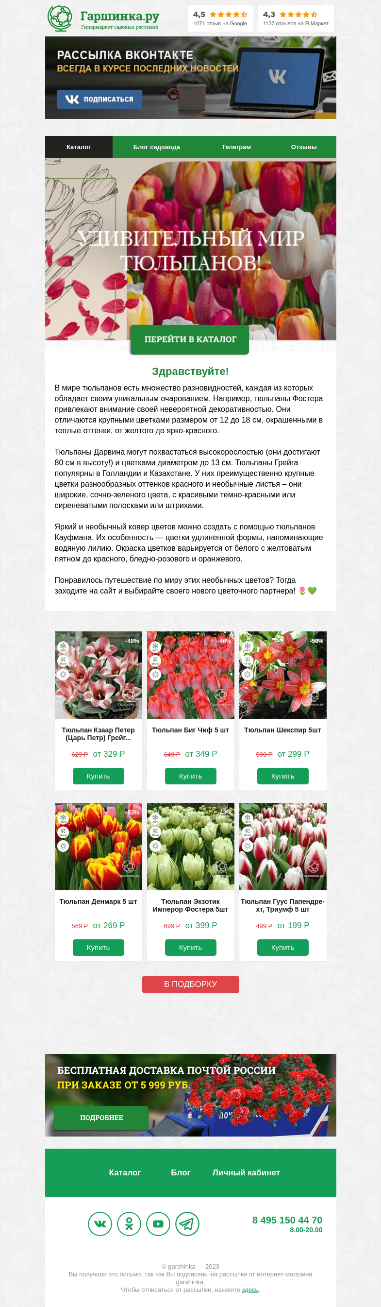 Письмо компании «Гаршинка.ру» на тему «🌷 Окунитесь в удивительный мир тюльпанов и выберите своего нового любимца! 🥰»