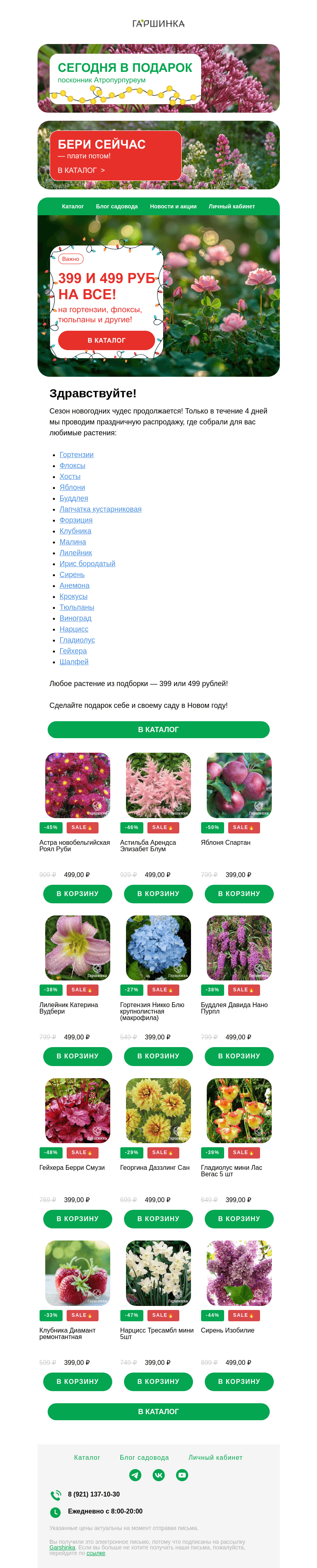 Письмо компании «Гаршинка.ру» на тему «🌟 399 и 499 р. НА ВСЕ! Только 4 дня!»