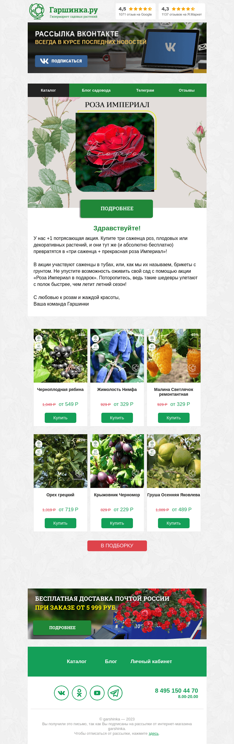 Письмо компании «Гаршинка.ру» на тему «🌹 Купи три растения и получи шикарную розу бесплатно!»