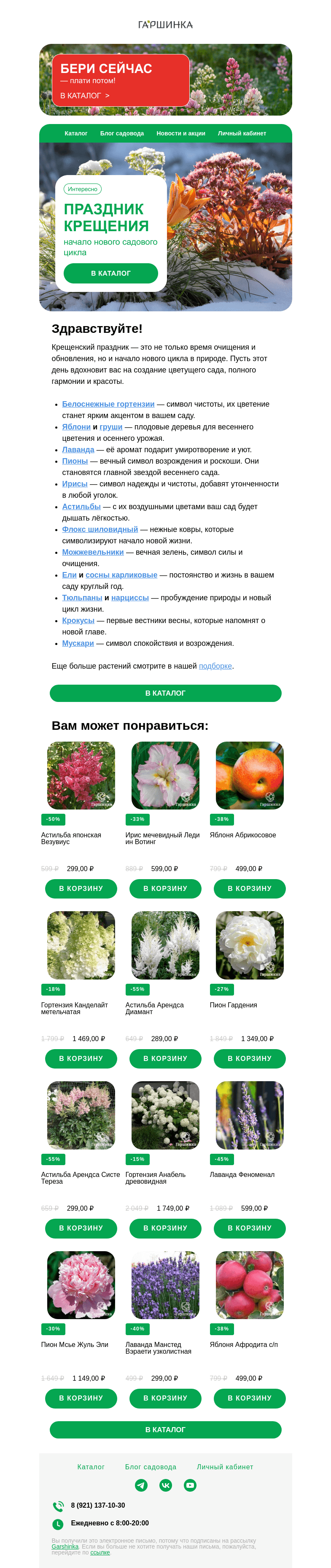 Письмо компании «Гаршинка.ру» на тему «С Крещением! Время начинать новый садовый цикл 🌿»