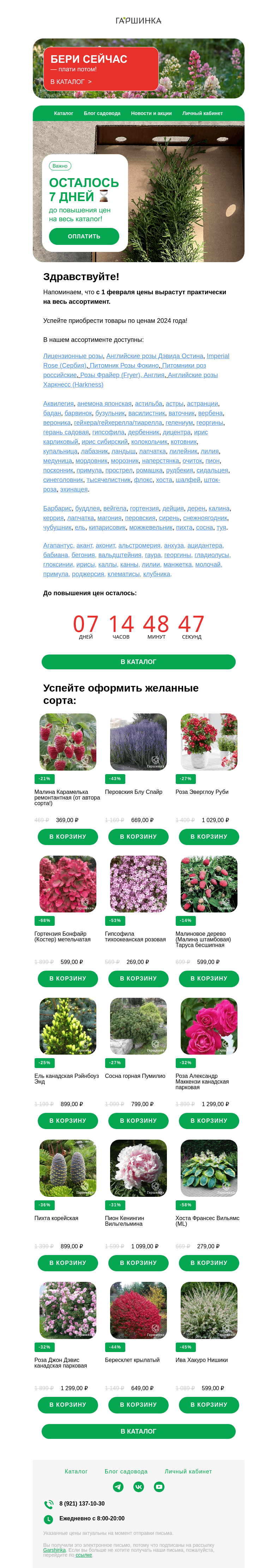Письмо компании «Гаршинка.ру» на тему «⏳ Осталось 7 дней до повышения цен! Успейте заказать!»
