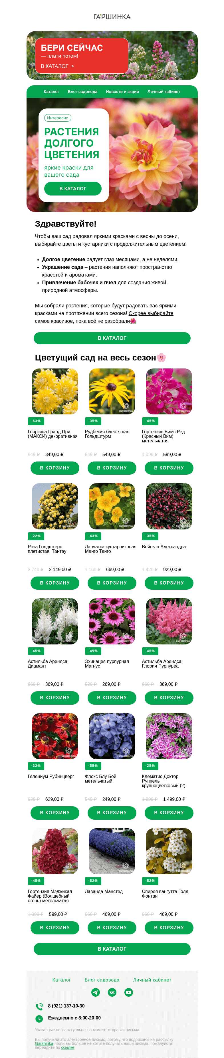 Письмо компании «Гаршинка.ру» на тему «ТОП долгоцветущих растений 🌼🌺 Будут долго радовать яркими красками 🌹»