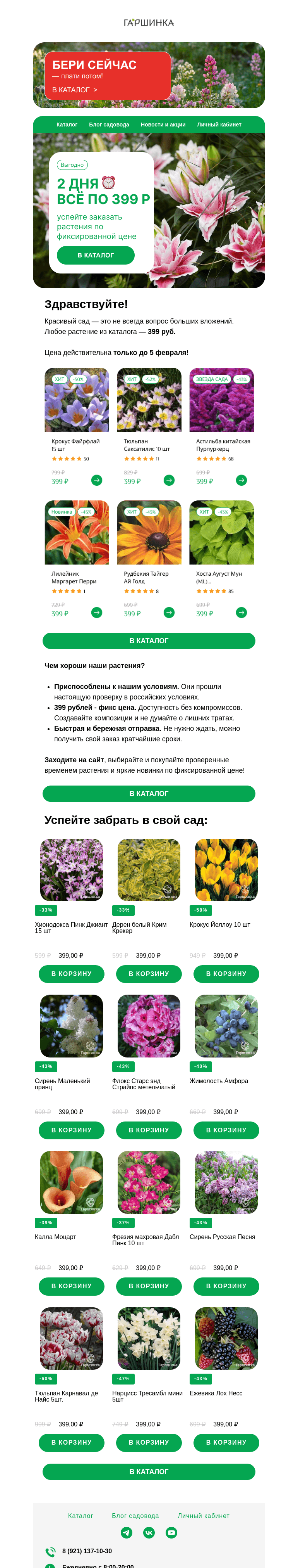 Письмо компании «Гаршинка.ру» на тему «🔔 ВСЁ  по 399 рублей 🌸🌻 Только 2 дня!»